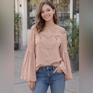 Mustard Seed Blush Pink Embroidered Off Shoulder Bell Sleeve Boho Top Size Small